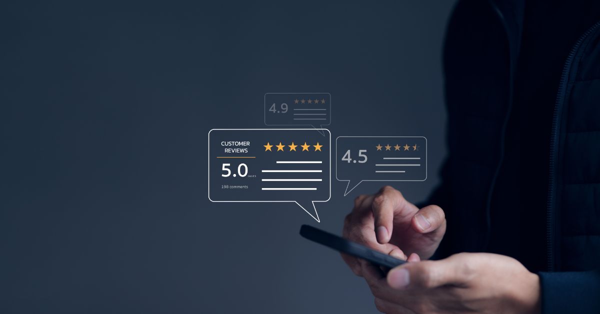A close-up of hands holding a smartphone with multiple floating graphics representing positive customer reviews.