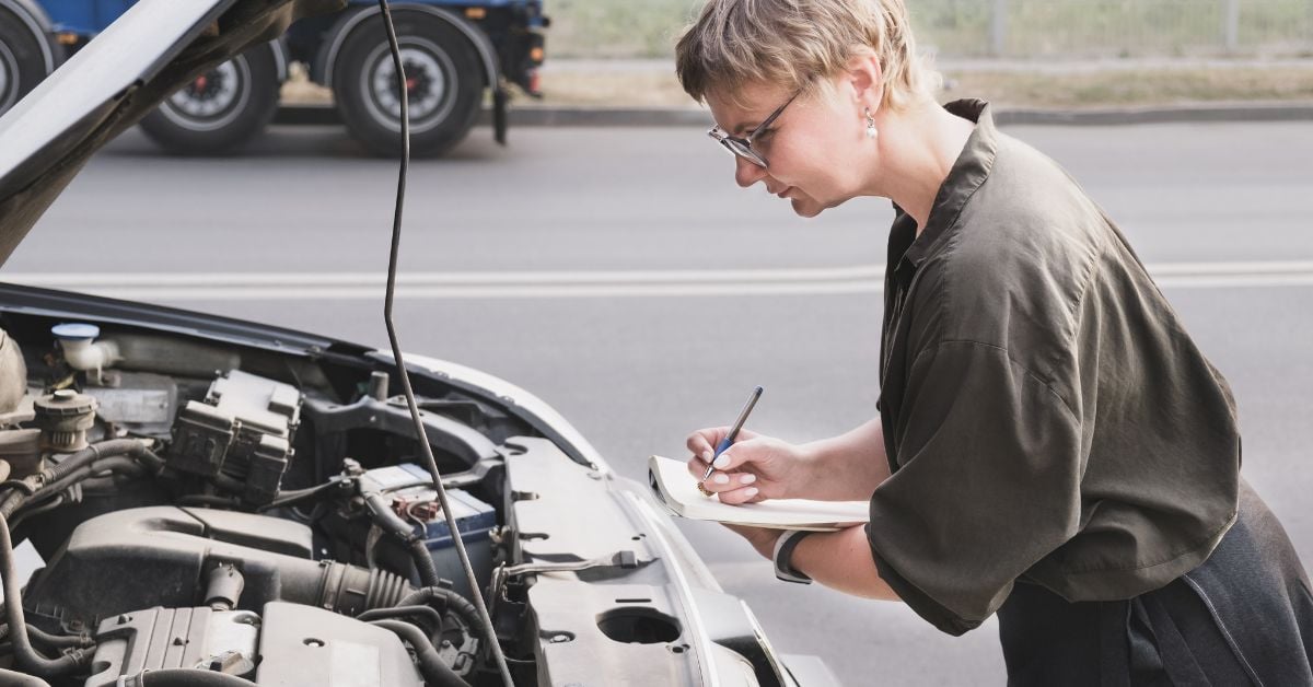 A woman holds a notebook, writes with a pen, while inspecting under the hood of a car on the side of the road.