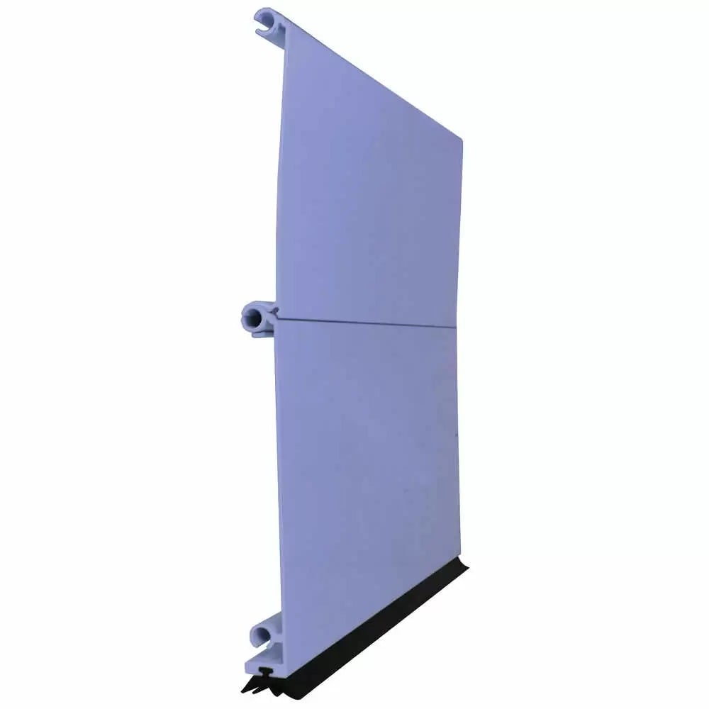 An aluminum roll-up door panel with side counterbalance hardware and a black bottom seal on a white background.